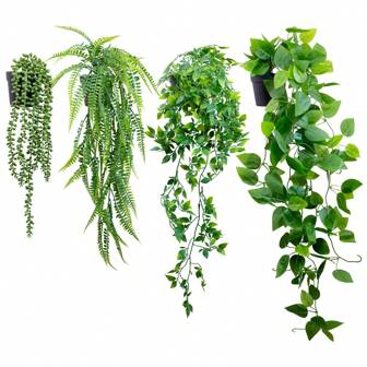 4pcs Artificial Hanging Plants, Potted Green Faux Grass & Ferns Plant, Fake Succulent Plant Hangers, Mandala Vine, Ivy For Wall Shelf, Home, Yard, Garden, Indoors And Outdoors Decoration, Valentine Day, Gift Gifts Birthday Graduation