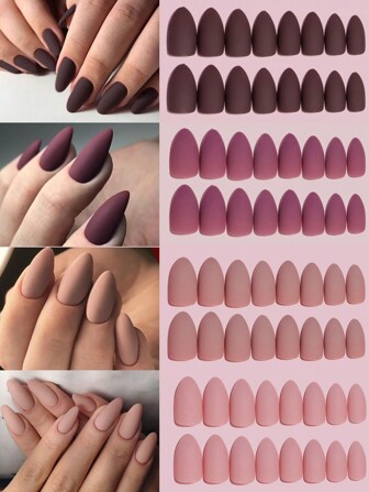 VV MEI JIA ER 96 delar (Mörkbrun/Nude/Lila/Ljusrosa) 4 Matta Färger Gradient Konstnaglar Jelly Lim Press On Naglar Mandel - Gel Naglar Serie | Heta Eleganta Bruna Serier Lösnaglar Medellånga Enfärgade Nude Akryl Lösnagel Kit Stick Lim On Naglar Set Återanvändbara Heltäckande Naglar Leverantör För Kvinnor Flickor Som Nyårspresenter För Flickor Och Kvinnor Naglar & 1 Ark Tejp & 1 Stk Nagelfil