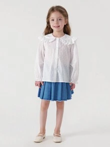 MARC&JANIE 少女元氣學院翻邊褶皺牛仔裙，春季款 - 藍色 - 查看 2