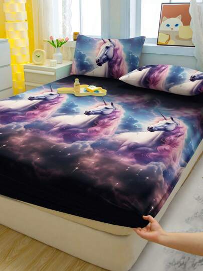 1pc Dreamlike Horse Pattern Printed Flannel Fitted Sheet, Bedding (Pillowcase Not Included)