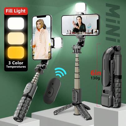 AXNEN Mini Selfie Stick, 27.7-Inch Extendable Phone Tripod With Wireless Remote, LED Fill Lights, Stable And Firm Travel Tripod, For Selfies, Video, Compatible With IPhone & Android Smart Phone (Black Mini)