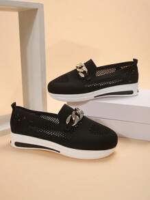 Zapatos Planos Decorados Con Cadena Y Parte Superior De Punto Transpirable Con Agujeros, Para Caminar Al Aire Libre, Zapatillas Deportivas Casuales Ligeras Y Transpirables - Negro - Ver 4
