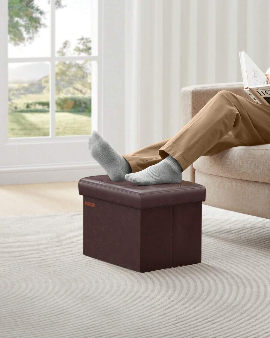 SONGMICS Small Folding Storage Ottoman, Foot Rest Stool, Cube Footrest, Synthetic Leather, 12.2 X 16.1 X 12.2 Inches, 286 Lb Capacity, For Living Room, Bedroom, Dorm - 棕色 - 查看 1