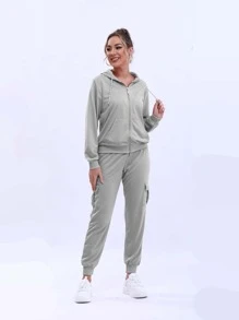 Women's Sports Set Set With Hood, Zipper And Bags In Sweatshirt