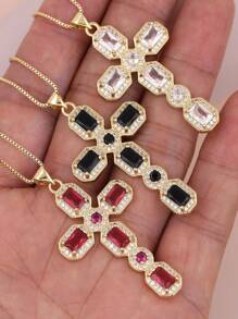 1 Peça de colar de pingente de cruz de Zircônia Cúbica Multicolorido em forma de olho com micro pavê de luxo, feito em Cobre e banhado em Ouro 18K, Joia de Colar Feminina