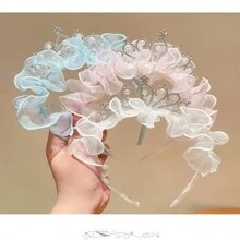 1片公主風格皇冠發帶髮飾,適用於帶網眼、珍珠、皺褶和刺繡的小女孩,完美用於婚禮季節 - 淺粉色 - 查看 3