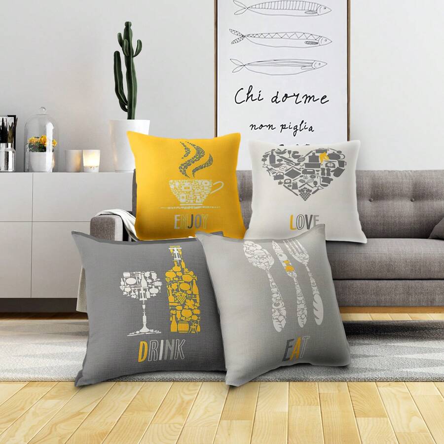 1pc Linen Pillow Case Contemporary Minimalist Green Plant Room Sofa Decoration - Light Grey - View 1