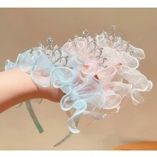 1片公主風格皇冠發帶髮飾,適用於帶網眼、珍珠、皺褶和刺繡的小女孩,完美用於婚禮季節 - 淺粉色 - 查看 4