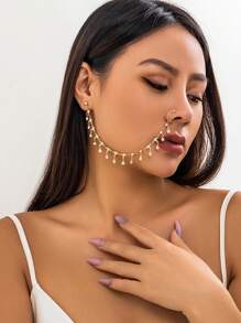 Style Hollow Needle Ear Studs, Chain Nose Ring With Rhinestone Long Tassel For Women Without Piercing, Stage Accessories No-Drill - Gold - View 3