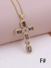 1 Peça de colar de pingente de cruz de Zircônia Cúbica Multicolorido em forma de olho com micro pavê de luxo, feito em Cobre e banhado em Ouro 18K, Joia de Colar Feminina
