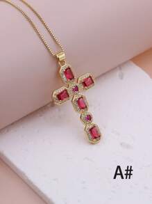 1 Peça de colar de pingente de cruz de Zircônia Cúbica Multicolorido em forma de olho com micro pavê de luxo, feito em Cobre e banhado em Ouro 18K, Joia de Colar Feminina