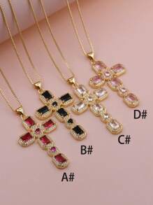 1 Peça de colar de pingente de cruz de Zircônia Cúbica Multicolorido em forma de olho com micro pavê de luxo, feito em Cobre e banhado em Ouro 18K, Joia de Colar Feminina