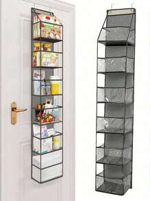 1个160厘米6格可折叠悬挂式收纳袋，适合存放零食、玩具、衣物，灰色，带2个挂钩，可悬挂在厨房/浴室墙壁/橱柜/门上。