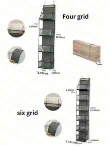 1个160厘米6格可折叠悬挂式收纳袋，适合存放零食、玩具、衣物，灰色，带2个挂钩，可悬挂在厨房/浴室墙壁/橱柜/门上。
