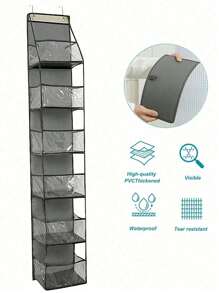1个160厘米6格可折叠悬挂式收纳袋，适合存放零食、玩具、衣物，灰色，带2个挂钩，可悬挂在厨房/浴室墙壁/橱柜/门上。