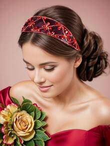 1pc Crystal Mesh & Alloy Hairband, Colorful Rhinestone Decor Wide Headband, Simple & Luxurious Hair Accessory For Daily & Work, Handmade Beaded Headwear Elegant - Red - View 4