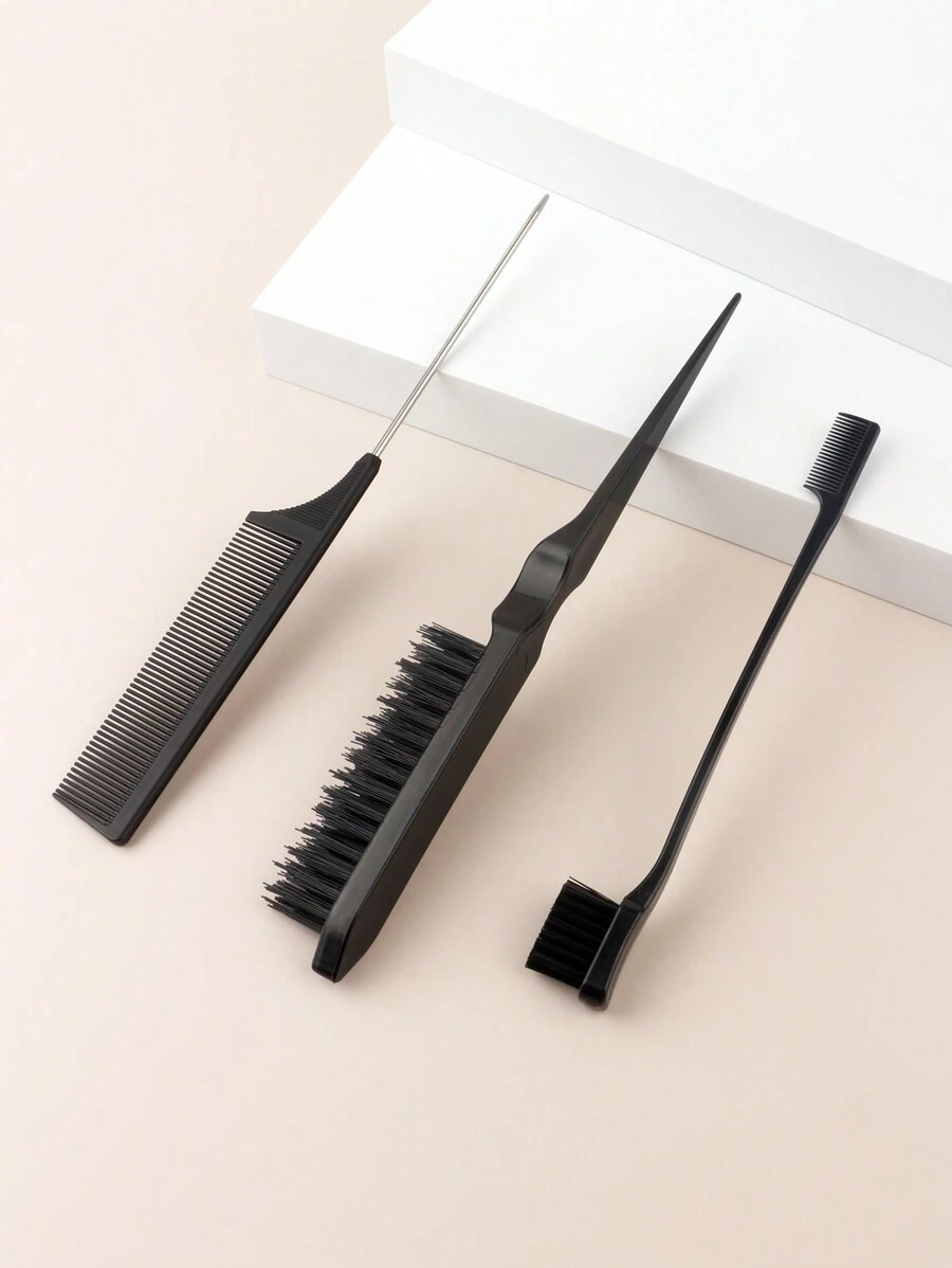 3pcs Black Combination Eyebrow Brush & Comb Set, Including Tailpoint Comb, Teasing Brush And Dual-Ended Brush For Makeup And Beauty - Black - View 1