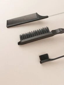 3pcs Black Combination Eyebrow Brush & Comb Set, Including Tailpoint Comb, Teasing Brush And Dual-Ended Brush For Makeup And Beauty - Black - View 3
