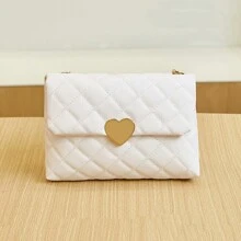 1Pc Girl's Argyle Metal Chain Small Square Bag, Cute Leisure Crossbody Bag, Solid Color Embroidered Mobile Phone Sling Bag