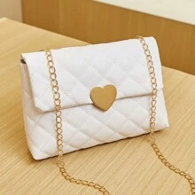 1Pc Girl's Argyle Metal Chain Small Square Bag, Cute Leisure Crossbody Bag, Solid Color Embroidered Mobile Phone Sling Bag