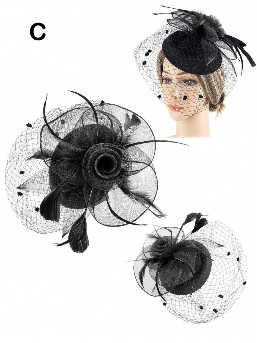 1pc Women Flower Veil Mesh Hand Work Fascinator For Tea Party Birthday Gift Horce-Racing Bridal Hat Derby Hat  Hat With Clip And Headband Elegant - Mix Style - View 1