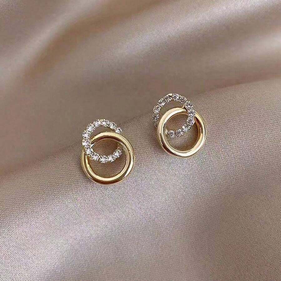 1 Par De Pendientes En Forma De Círculo Con Microincrustaciones De Diamantes De Imitación, Accesorios De Oreja Modernos Y Versátiles Para El Uso Diario De Las Mujeres - Dorado - Ver 1