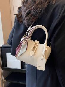 1 件时尚简约锁扣 PU 手提包可用作单肩包、斜挎包或手提包，配丝巾，适合日常使用，时尚蝴蝶结钱包，适合女士