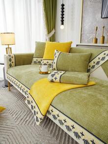 1件套粟米絨&蕾絲拼接沙發套+坐墊,防滑防污全季節沙發保護套,適用於節慶裝飾 - 綠色 - 查看 1