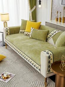 1件套粟米絨&蕾絲拼接沙發套+坐墊,防滑防污全季節沙發保護套,適用於節慶裝飾 - 綠色 - 查看 6