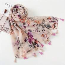 Boho 1pc Women's Retro Flower Printed Lightweight Holiday Sunscreen Shawl Scarf With Tassel Suitable For Daily Wear Accessories Women Winter Fall Valentine's Day Valentines