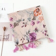 Boho 1pc Women's Retro Flower Printed Lightweight Holiday Sunscreen Shawl Scarf With Tassel Suitable For Daily Wear Accessories Women Winter Fall Valentine's Day Valentines
