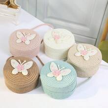 Nhỏ bé Tròn Túi Rơm , Cô gái Đơn giản giản dị Túi đeo chéo Linh hoạt Rơm rạ Túi đeo vai , Với Loại bướm Và Nhỏ bé Hoa - Màu trắng sữa - Xem 4