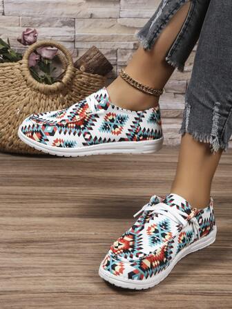 2024 New Arrival Women's Casual Athletic Shoes, Printed Flat Bottom Retro Sneakers, All-Match Plus Size Sports Flat Shoes
