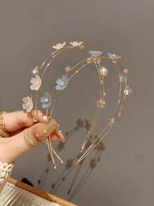 Boho風格2入組合金薄髮箍，裝飾玫瑰、珍珠和葉子形狀的飾品，甜美髮飾頭飾