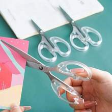 1pc Transparent Stainless Steel Household Scissors, Office Paper Cutting Strong Portable Safety Multifunctional Utility Scissors - Silver - View 3