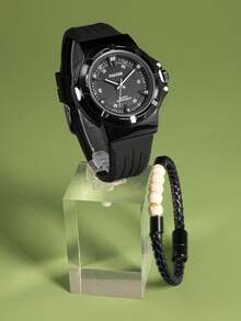 Conjunto De Reloj De Silicona Y Pulsera Para Hombres - Negro - Ver 2