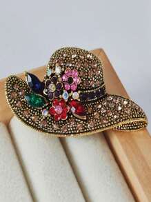 1pc Rhinestone Sun Hat Shaped Brooch, Classical Gold-Tone Lapel Pin, Versatile Clothing Accessory, Alloy Flower Pin Valentine's Day Valentines Dress Accessories Pin For Clothes Bag Charm School