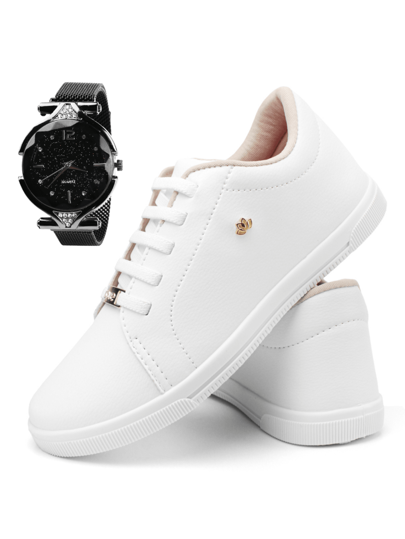 Tenis Feminino Casual Branco Confortável Elástico + Relógio Metal Magnético