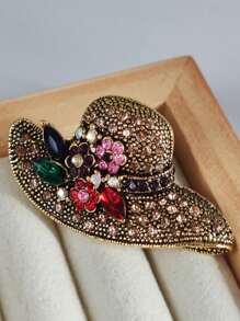 1pc Rhinestone Sun Hat Shaped Brooch, Classical Gold-Tone Lapel Pin, Versatile Clothing Accessory, Alloy Flower Pin Valentine's Day Valentines Dress Accessories Pin For Clothes Bag Charm School