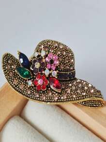 1pc Rhinestone Sun Hat Shaped Brooch, Classical Gold-Tone Lapel Pin, Versatile Clothing Accessory, Alloy Flower Pin Valentine's Day Valentines Dress Accessories Pin For Clothes Bag Charm School