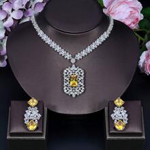 SEQUITO 3 件套独家奢华设计绿色迪拜婚礼珠宝套装全密镶 CZ 盾形长吊坠新娘耳环项链套装女士 - 45cm - 查看 11