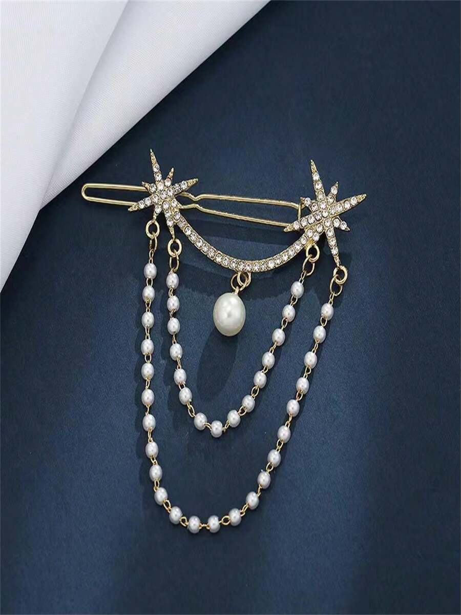 1pc Bridal Hair Accessory Pearl Rhinestone Tassel Hair Clip Elegant