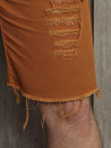 Men Denim Shorts - 駝色 - 查看 3