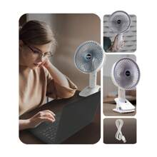 Ventilador Mesa Portátil Multifunção USB Recarregavel Silencioso 3 potencias com Clipe 3 Pás 4 Modos - Branco - Visão 2