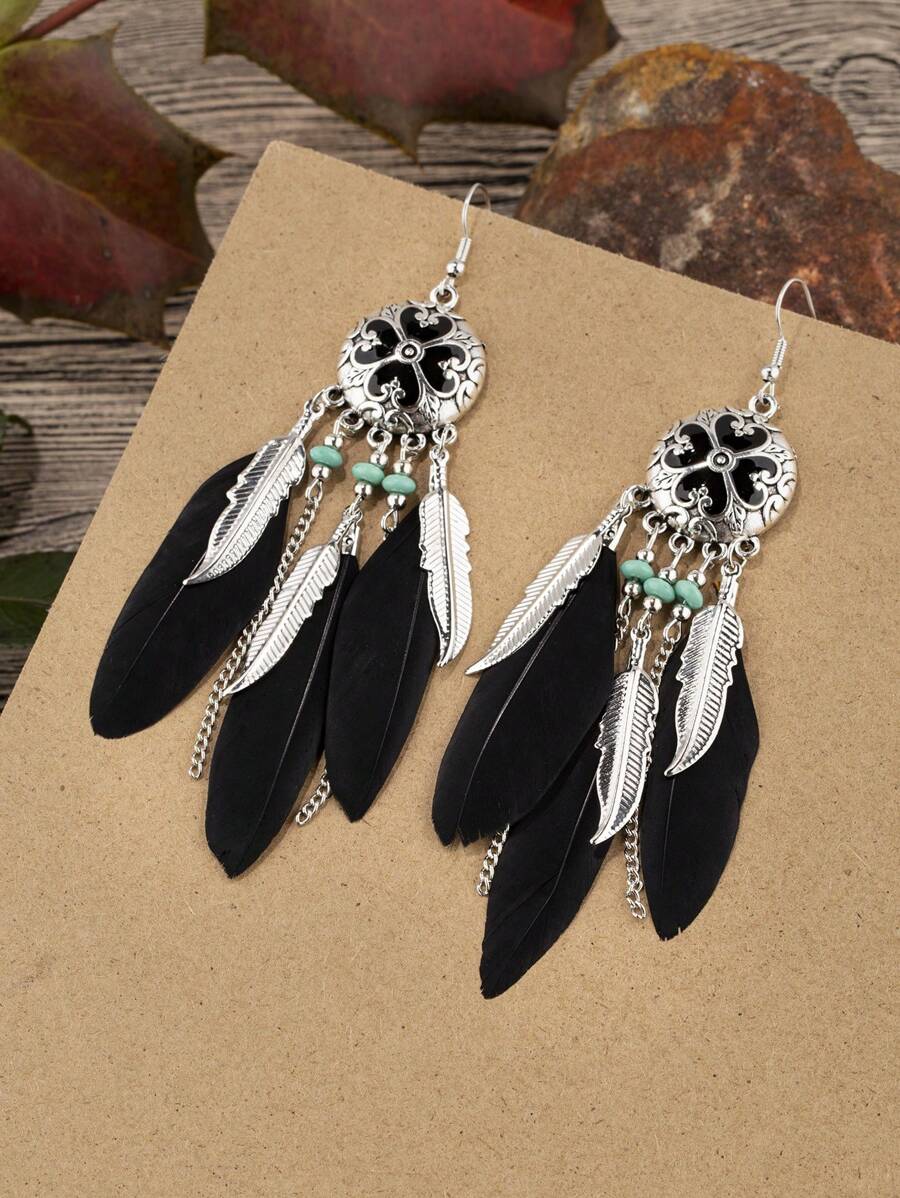 1 Pair Fashionable & Elegant Feather Pendant Earrings, Suitable For Multiple Occasions - Black - View 1