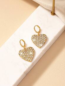 歐美風格的優美優雅幾何心形鑲嵌鉆石掛墜耳針1對 - 金黃色 - 查看 3