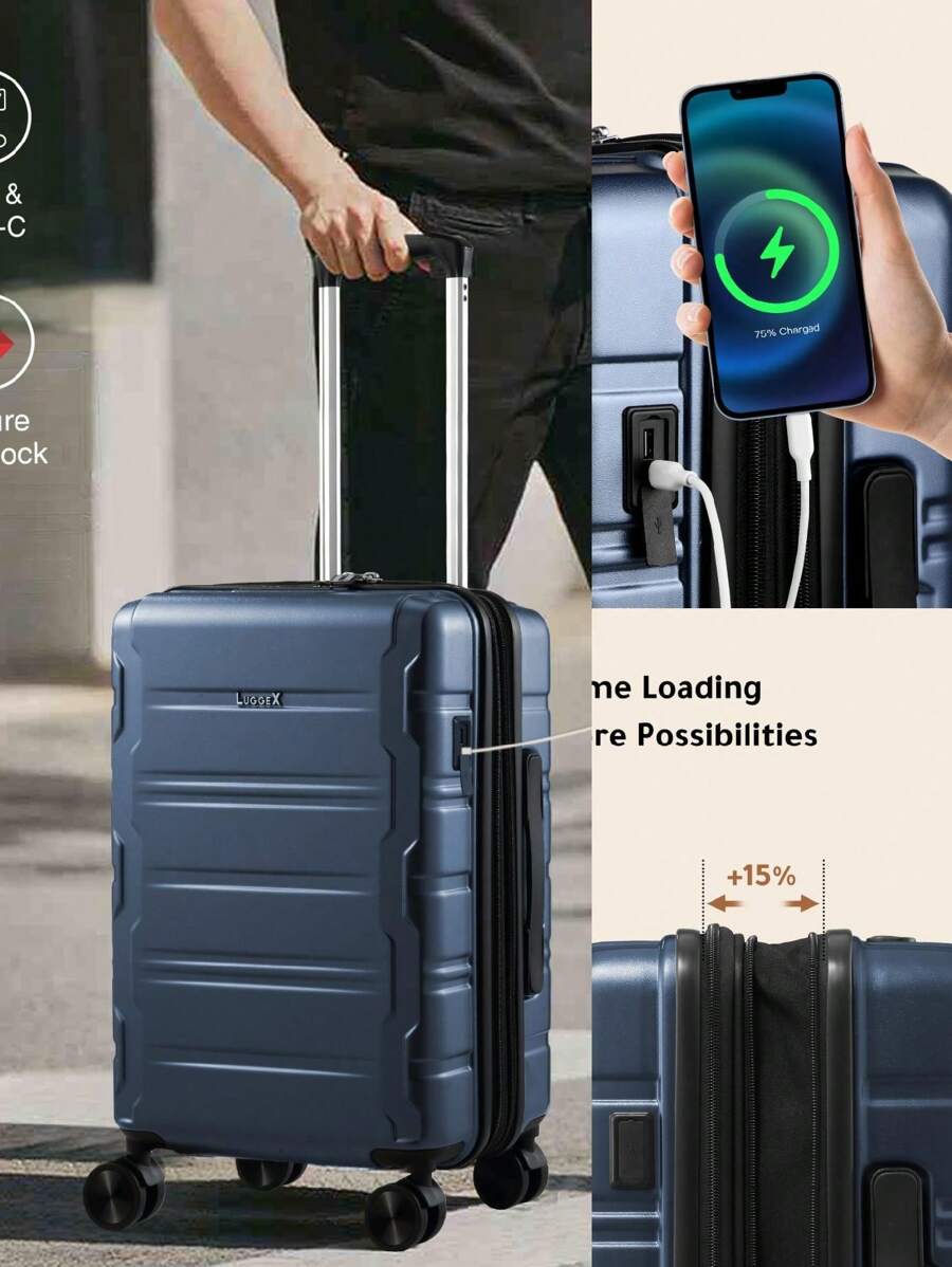 LUGGEX Mặt cứng Hành lý Với Bánh xe Và Khóa , Cổng USB Mang Và Kiểm tra Hành lý - Màu xanh lam - Xem 1