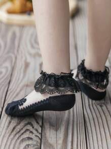 1 đôi Mùa hè Mỏng Thoáng Khí Ren Pha lê Lụa băng Ngắn Vớ - màu đen - Xem 4