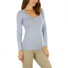 ToBeInStyle Women's Cotton Long Sleeve T-Shirts - V 領 - 希瑟灰色 - 查看 3