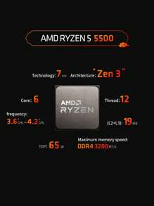 AMD Ryzen 5 5500 3.6GHz Base Clock 6-Core 12-Thread Desktop Processor CPU, AM4 Socket, No Integrated Graphics, For High End Computer Enthusiastic Gaming PC, No Heatsink Fan, No Box